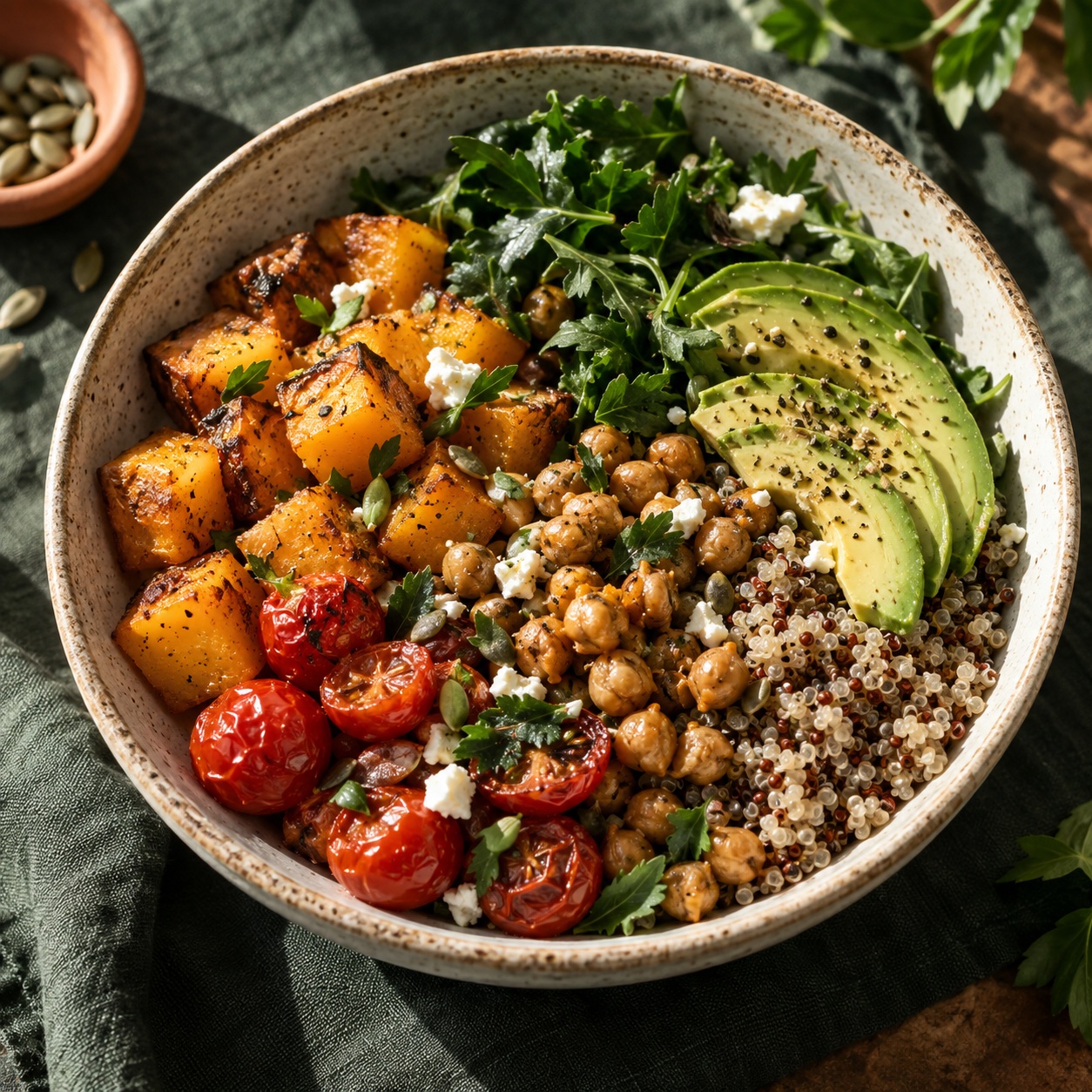 A colourful bowl of vegetables, greens and grains in warm sunlight